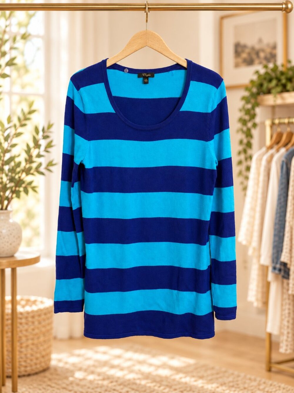 Cupio Blue Turquoise Striped Long Sleeve Tunic Sweater Size S